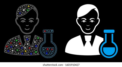Glossy mesh chemist icon with lightspot effect. Abstract illuminated model of chemist. Shiny wire frame polygonal mesh chemist icon. Vector abstraction on a black background.