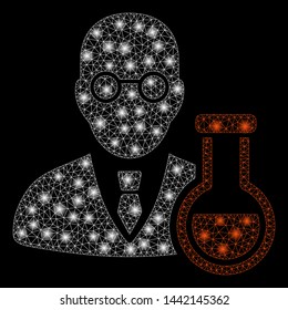 Glossy mesh chemist with sparkle effect. Abstract illuminated model of chemist icon. Shiny wire carcass polygonal mesh chemist. Vector abstraction on a black background.