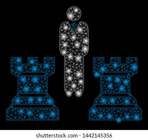 Glossy mesh chess strategy with sparkle effect. Abstract illuminated model of chess strategy icon. Shiny wire frame polygonal mesh chess strategy. Vector abstraction on a black background.