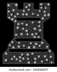 Glossy mesh chess tower with sparkle effect. Abstract illuminated model of chess tower icon. Shiny wire carcass triangular mesh chess tower. Vector abstraction on a black background.