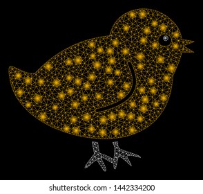 Glossy mesh chick with glow effect. Abstract illuminated model of chick icon. Shiny wire carcass triangular mesh chick. Vector abstraction on a black background. Abstract 2d mesh built from triangles,