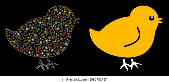 Glossy mesh chick icon with glare effect. Abstract illuminated model of chick. Shiny wire carcass polygonal mesh chick icon. Vector abstraction on a black background.
