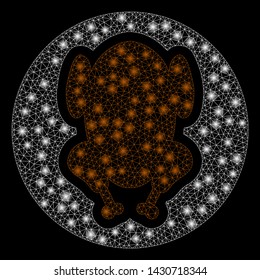 Glossy mesh chicken dish with glare effect. Abstract illuminated model of chicken dish icon. Shiny wire frame polygonal mesh chicken dish. Vector abstraction on a black background.