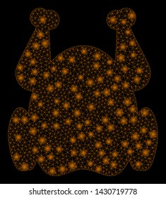 Glossy mesh chicken with glare effect. Abstract illuminated model of chicken icon. Shiny wire carcass triangular network chicken. Vector abstraction on a black background.