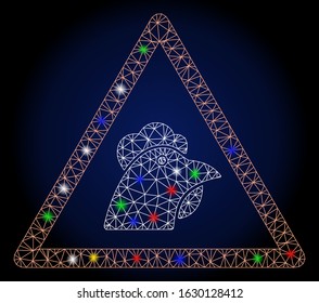 Glossy mesh chicken warning with glow effect. Abstract illuminated model of chicken warning. Shiny wire carcass triangular mesh chicken warning icon.