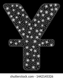 Glossy mesh Chinese Yuan with glare effect. Abstract illuminated model of Chinese Yuan icon. Shiny wire frame triangular network Chinese Yuan. Vector abstraction on a black background.