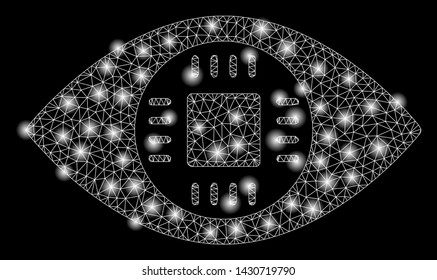 Glossy mesh chip eye lens with glare effect. Abstract illuminated model of chip eye lens icon. Shiny wire carcass triangular mesh chip eye lens. Vector abstraction on a black background.