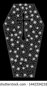Glossy mesh christian coffin with lightspot effect. Abstract illuminated model of christian coffin icon. Shiny wire carcass polygonal mesh christian coffin. Vector abstraction on a black background.