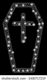Glossy mesh christian coffin with sparkle effect. Abstract illuminated model of christian coffin icon. Shiny wire carcass polygonal mesh christian coffin. Vector abstraction on a black background.