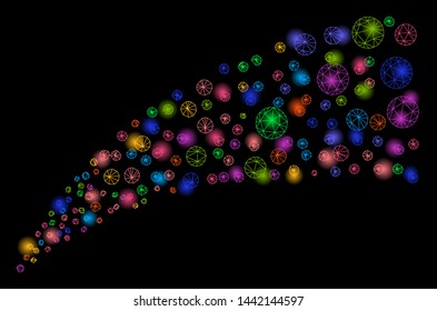 Glossy mesh circle fountain with lightspot effect. Abstract illuminated model of circle fountain icon. Shiny wire carcass triangular mesh circle fountain. Vector abstraction on a black background.