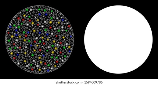 Glossy mesh circle icon with glow effect. Abstract illuminated model of circle. Shiny wire frame triangular mesh circle icon. Vector abstraction on a black background.