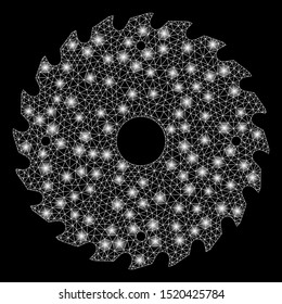 Glossy mesh circular saw blade with glare effect. Abstract illuminated model of circular saw blade icon. Shiny wire frame polygonal mesh circular saw blade. Vector abstraction on a black background.