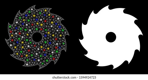 Glossy mesh circular saw icon with lightspot effect. Abstract illuminated model of circular saw. Shiny wire frame polygonal mesh circular saw icon. Vector abstraction on a black background.