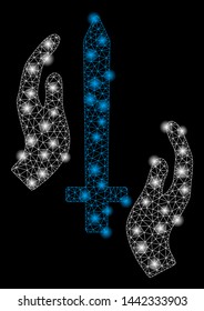 Glossy mesh classic guard with glare effect. Abstract illuminated model of classic guard icon. Shiny wire carcass triangular network classic guard. Vector abstraction on a black background.