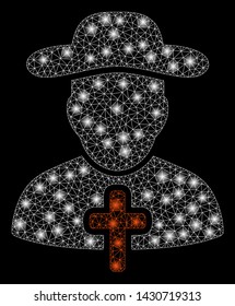 Glossy mesh cleric with glare effect. Abstract illuminated model of cleric icon. Shiny wire frame polygonal mesh cleric. Vector abstraction on a black background.