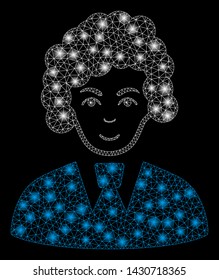 Glossy mesh clerk woman with lightspot effect. Abstract illuminated model of clerk woman icon. Shiny wire carcass triangular mesh clerk woman. Vector abstraction on a black background.