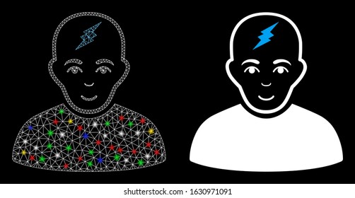 Glossy mesh clever boy icon with glare effect. Abstract illuminated model of clever boy. Shiny wire carcass triangular mesh clever boy icon. Vector abstraction on a black background.