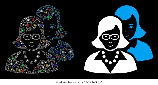 Glossy mesh clever women icon with lightspot effect. Abstract illuminated model of clever women. Shiny wire frame triangular mesh clever women icon. Vector abstraction on a black background.