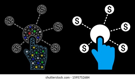 Glossy mesh click financial network icon with sparkle effect. Abstract illuminated model of click financial network. Shiny wire carcass triangular mesh click financial network icon.