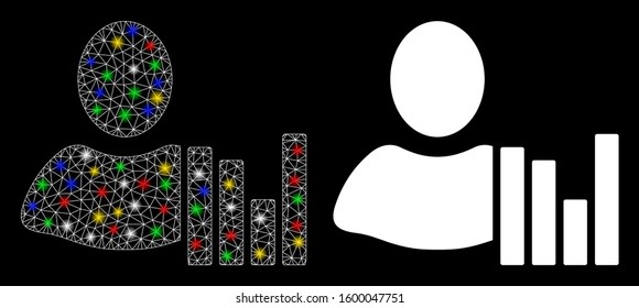 Glossy mesh client charts icon with glare effect. Abstract illuminated model of client charts. Shiny wire frame polygonal mesh client charts icon. Vector abstraction on a black background.