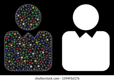 Glossy mesh client icon with glare effect. Abstract illuminated model of client. Shiny wire carcass polygonal mesh client icon. Vector abstraction on a black background.