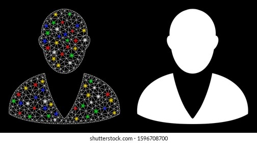 Glossy mesh client icon with glare effect. Abstract illuminated model of client. Shiny wire carcass triangular network client icon. Vector abstraction on a black background.