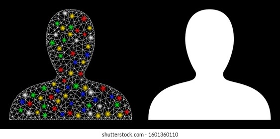 Glossy mesh client icon with sparkle effect. Abstract illuminated model of client. Shiny wire carcass polygonal mesh client icon. Vector abstraction on a black background.