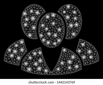 Glossy mesh clients with glare effect. Abstract illuminated model of clients icon. Shiny wire frame polygonal mesh clients. Vector abstraction on a black background.
