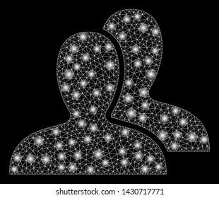 Glossy mesh clients with lightspot effect. Abstract illuminated model of clients icon. Shiny wire frame triangular mesh clients. Vector abstraction on a black background.