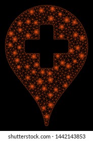 Glossy mesh clinic map pointer with glow effect. Abstract illuminated model of clinic map pointer icon. Shiny wire frame polygonal mesh clinic map pointer. Vector abstraction on a black background.