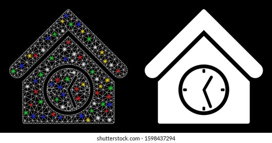 Glossy mesh clock building icon with glare effect. Abstract illuminated model of clock building. Shiny wire carcass polygonal mesh clock building icon. Vector abstraction on a black background.