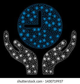 Glossy mesh clock care with lightspot effect. Abstract illuminated model of clock care icon. Shiny wire frame triangular mesh clock care. Vector abstraction on a black background.