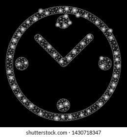Glossy mesh clock with glare effect. Abstract illuminated model of clock icon. Shiny wire carcass polygonal network clock. Vector abstraction on a black background.