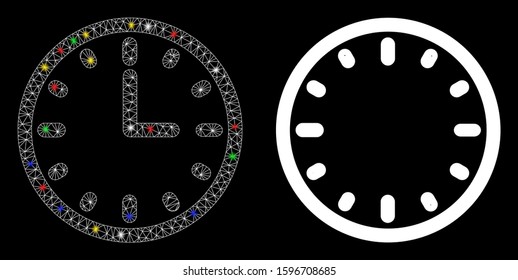 Glossy mesh clock icon with glare effect. Abstract illuminated model of clock. Shiny wire carcass triangular mesh clock icon. Vector abstraction on a black background.