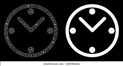 Glossy mesh clock icon with lightspot effect. Abstract illuminated model of clock. Shiny wire frame polygonal mesh clock icon. Vector abstraction on a black background.