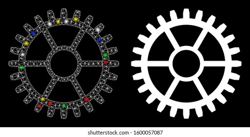 Glossy mesh clock wheel icon with glare effect. Abstract illuminated model of clock wheel. Shiny wire carcass triangular mesh clock wheel icon. Vector abstraction on a black background.
