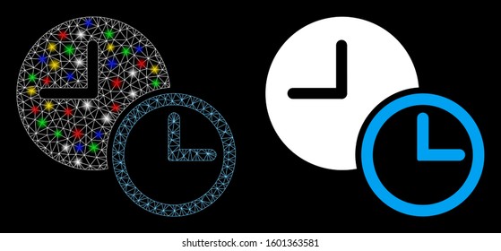 Glossy mesh clocks icon with glow effect. Abstract illuminated model of clocks. Shiny wire frame polygonal mesh clocks icon. Vector abstraction on a black background.