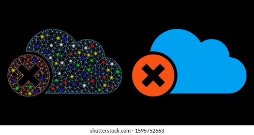 Glossy mesh close cloud icon with glare effect. Abstract illuminated model of close cloud. Shiny wire frame triangular mesh close cloud icon. Vector abstraction on a black background.