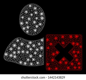 Glossy mesh close user with glare effect. Abstract illuminated model of close user icon. Shiny wire carcass polygonal mesh close user. Vector abstraction on a black background.