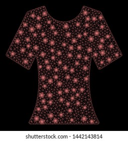 Glossy mesh clothes with glare effect. Abstract illuminated model of clothes icon. Shiny wire carcass polygonal mesh clothes. Vector abstraction on a black background.