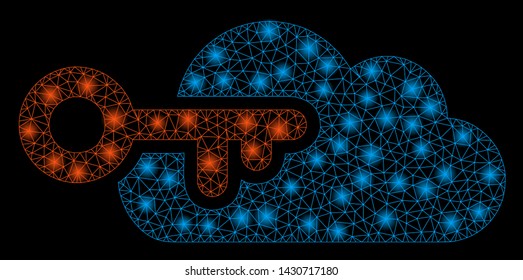 Glossy mesh cloud access with glare effect. Abstract illuminated model of cloud access icon. Shiny wire carcass triangular mesh cloud access. Vector abstraction on a black background.
