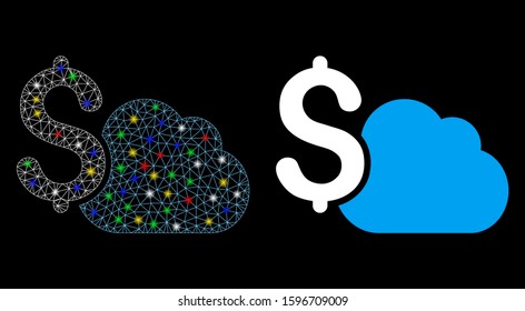 Glossy mesh cloud banking icon with lightspot effect. Abstract illuminated model of cloud banking. Shiny wire frame triangular mesh cloud banking icon. Vector abstraction on a black background.