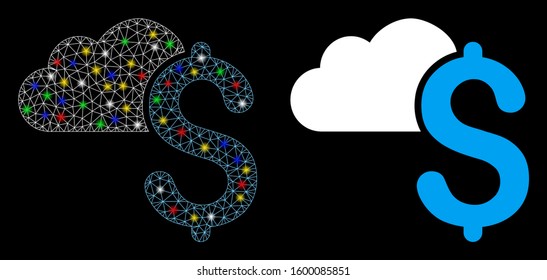 Glossy mesh cloud banking icon with glare effect. Abstract illuminated model of cloud banking. Shiny wire frame triangular mesh cloud banking icon. Vector abstraction on a black background.