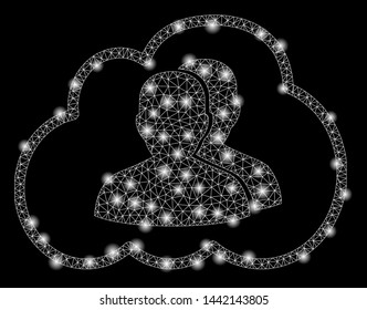 Glossy mesh cloud community with glare effect. Abstract illuminated model of cloud community icon. Shiny wire frame polygonal mesh cloud community. Vector abstraction on a black background.
