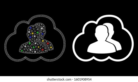 Glossy mesh cloud community icon with sparkle effect. Abstract illuminated model of cloud community. Shiny wire frame triangular mesh cloud community icon. Vector abstraction on a black background.