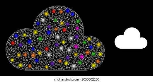 Glossy mesh cloud constellation icon with light spots. Illuminated vector constellation based on cloud picture. Sparkle frame mesh cloud on a black background. Linear frame flat mesh in vector format.