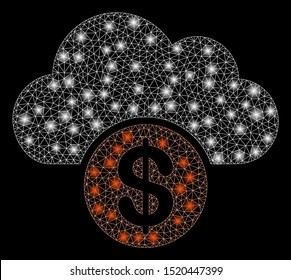 Glossy mesh cloud dollar with glitter effect. Abstract illuminated model of cloud dollar icon. Shiny wire frame polygonal mesh cloud dollar. Vector abstraction on a black background.