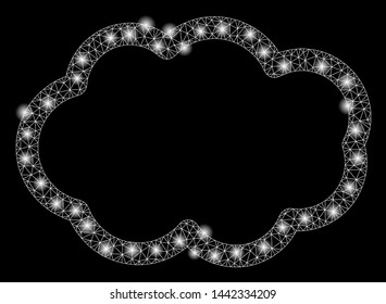 Glossy mesh cloud with glare effect. Abstract illuminated model of cloud icon. Shiny wire frame triangular mesh cloud. Vector abstraction on a black background.