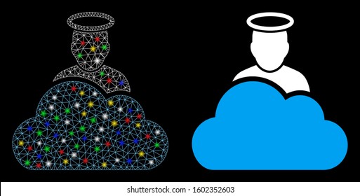 Glossy mesh cloud god icon with sparkle effect. Abstract illuminated model of cloud god. Shiny wire carcass polygonal mesh cloud god icon. Vector abstraction on a black background.
