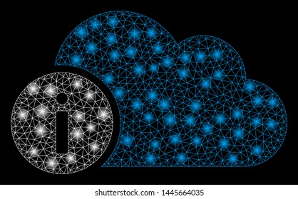 Glossy mesh cloud info with glitter effect. Abstract illuminated model of cloud info icon. Shiny wire frame polygonal mesh cloud info. Vector abstraction on a black background.